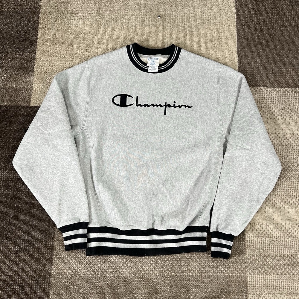 Y2K Champion Reverse Weave Sweatshirt Grey Black Mens Small‎ Ringer Crewneck